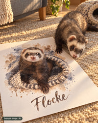 AI example image: Flocke's watercolor pet poster on the floor