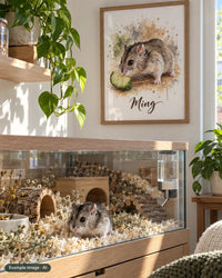 AI example image: Ming's watercolor pet poster framed next to the enclosure