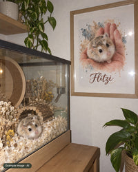 AI example image: Flitzi's watercolor pet poster framed next to the enclosure